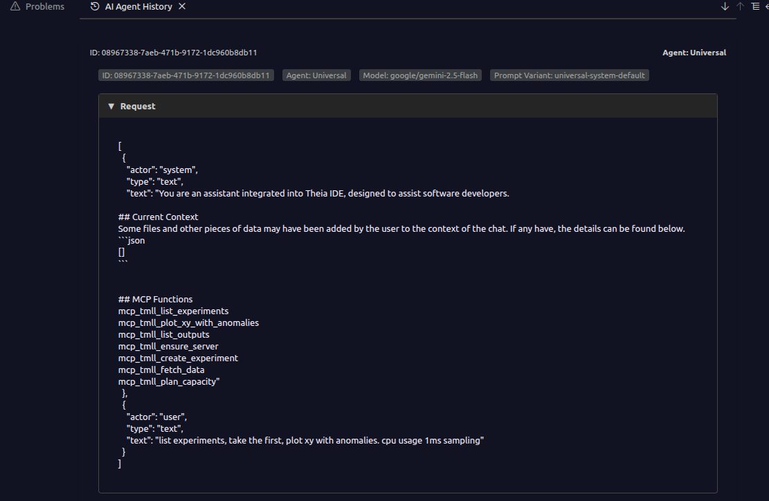 Theia MCP debugging view